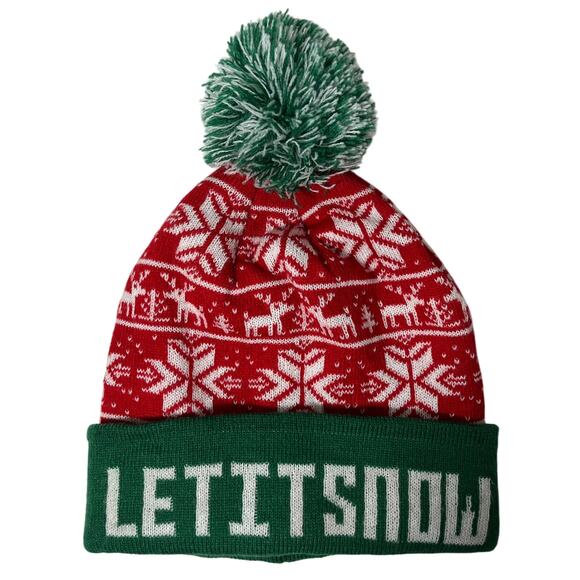 Let It Snow Red Green White Knitted Pom Pom Beanie Unisex Adult One Size - Picture 1 of 5